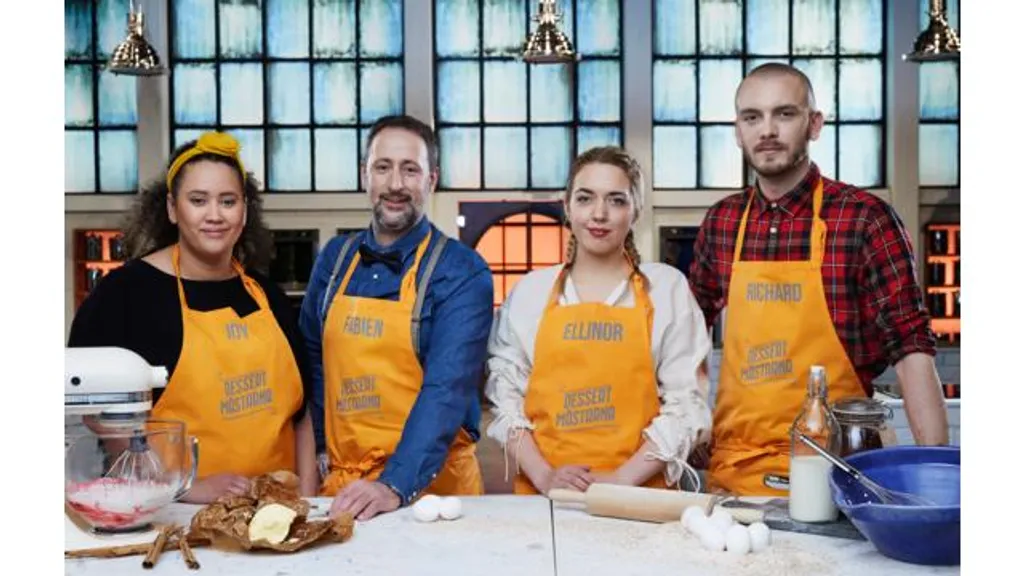 Joy Harris, Fabien Jacquet, Ellinor Jensen Oscarsson och Richard Karlsson tävlar i den sjätte säsongen av Dessertmästarna. Foto: Magnus Selander/Kanal 5