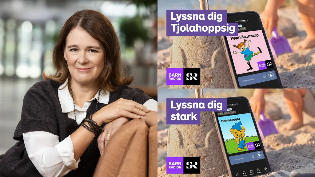 Sofia Wadensjö Karén, programdirektör samt bilder på lyssning på sagor i appen