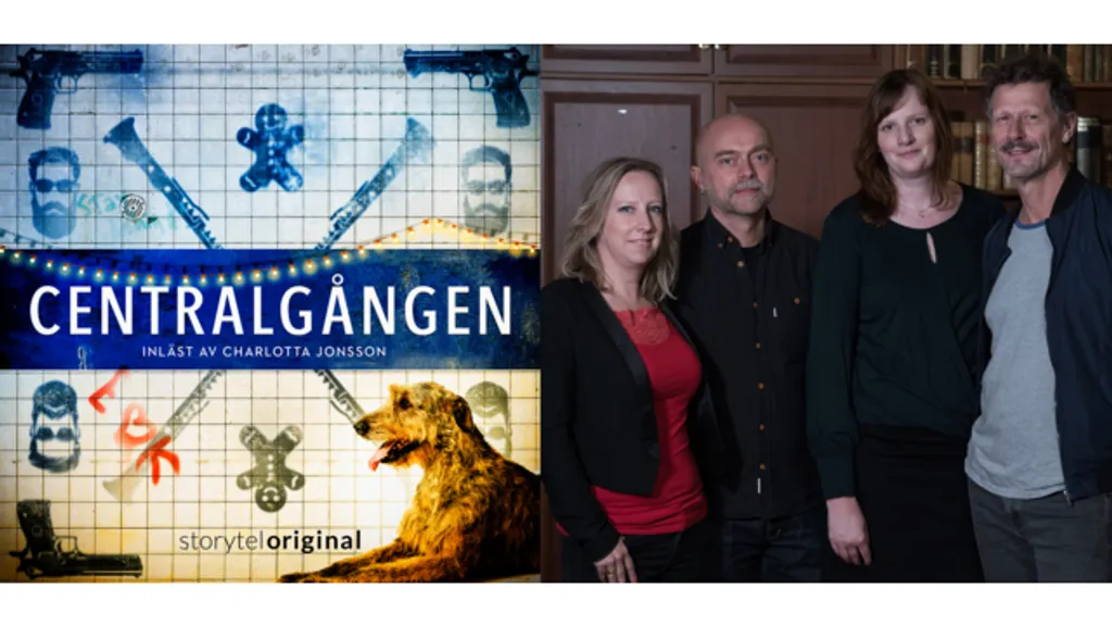 Omslag Centralgången, Gruppbild på författarna, från vänster: Felicia Welander, Gunnar Svensén, Karin Janson, Magnus Abrahamsson. Foto: Oskar Eklind