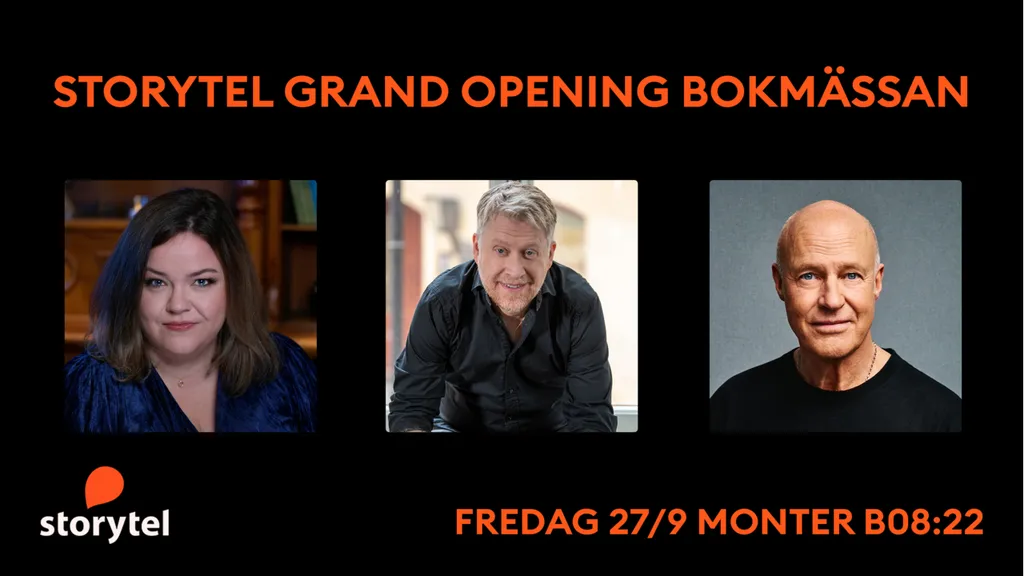 Madeleine Gustafsson, Jesper Ersgård och Stefan Sauk medverkar vid invigningen av Storytels AI-studio på Bokmässan i Göteborg.
