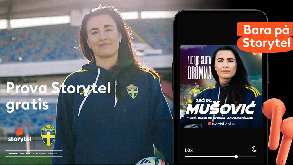 Storytel gör tre stora kampanjer i partnerskapet med det EM-klara damlandslaget i fotboll i sommar. Först ut är kampanjen för målvakten Zecira Musovics ljudbok Aldrig sluta drömma. Foto: Storytel