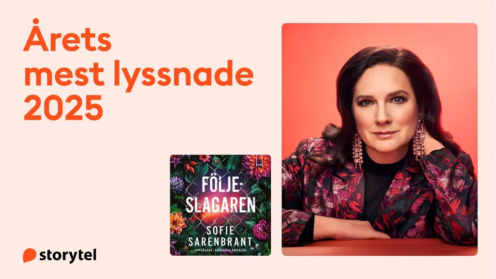 Sofie Sarenbrant är årets mest lyssnade författare 2025, och hennes Följeslagaren är årets mest lyssnade ljudbok på Storytel Sverige.