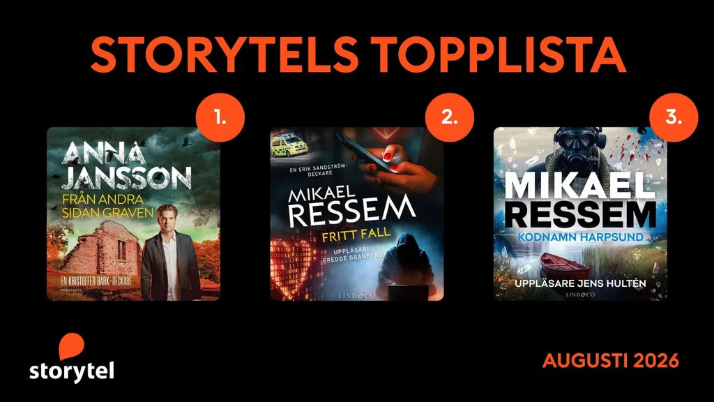 Topp 3 på Storytel Sverige i augusti.