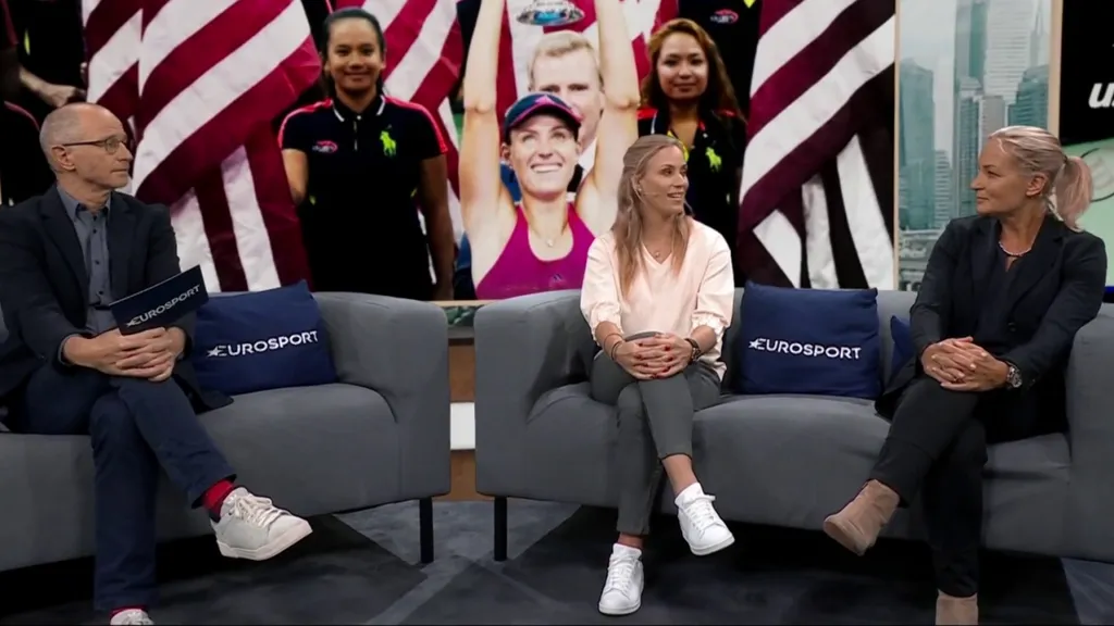 Matthias Stach, Angelique Kerber und Barbara Rittner im Eurosport-Studio (c) Eurosport