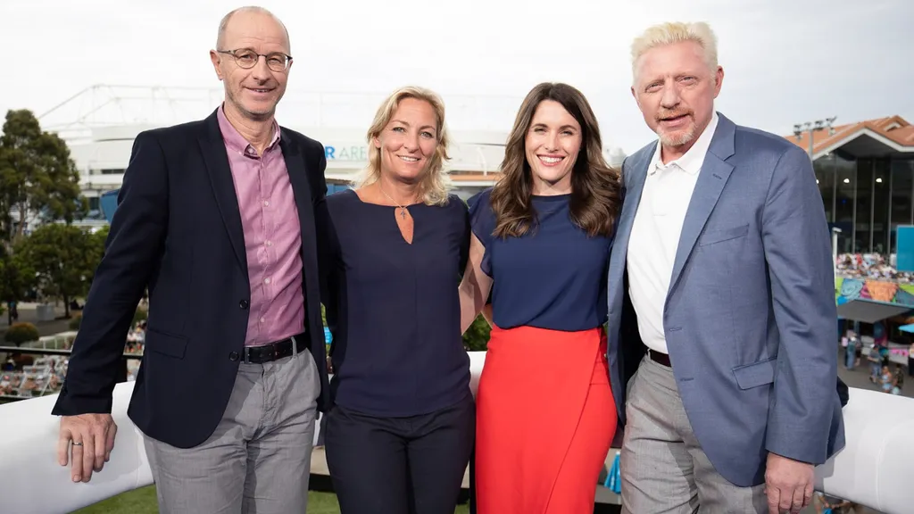 Für Eurosport im Einsatz: Matthias Stach, Barbara Rittner, Birgit Nössing und Boris Becker (v.l.n.r.) – aufgenommen bei den Australian Open 2019
