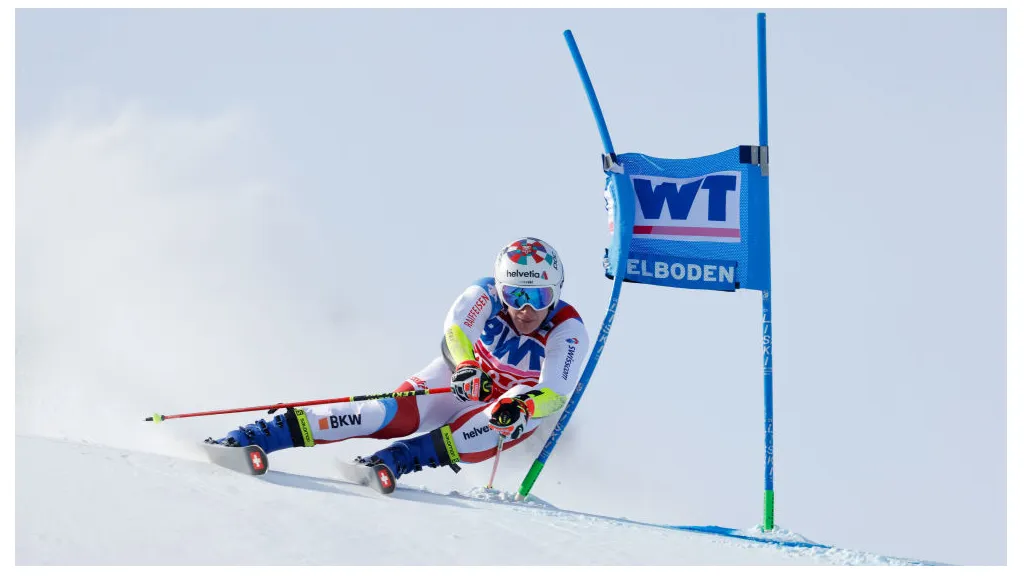 Swiss Alpine skier Marco Odermatt competes during the Audi FIS Alpine Ski World Cup  Men's Giant Slalom in Adelboden, Switzerland in 2022 (Getty Images)
