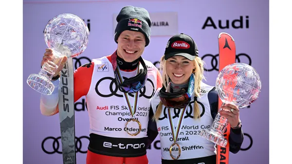 Overall 2022-2023 FIS Alpine Ski World Cup winners Marco Odermatt (L) & Mikaela Shiffrin (R) (Getty Images)