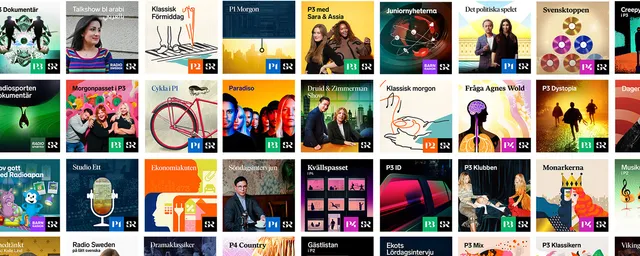Kollage med konvolut för olika Sveriges radio-program.