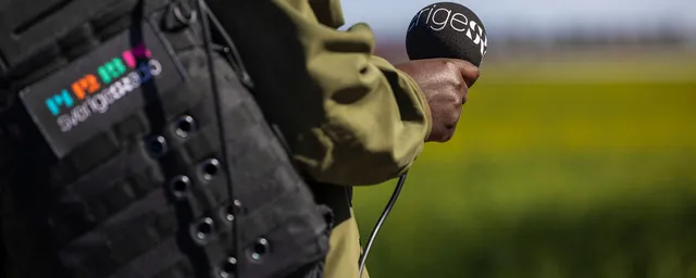 Man ser ryggen på svart man med grön jacka, håller mikrofon. ryggsäck med SR_loggor. 